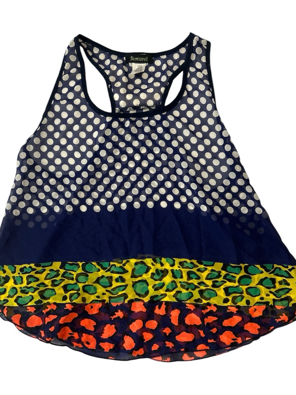 Beware! Girls Navy Polka Dot Racerback Tank with Neon Animal Trim Sz XL - Picture 2 of 7